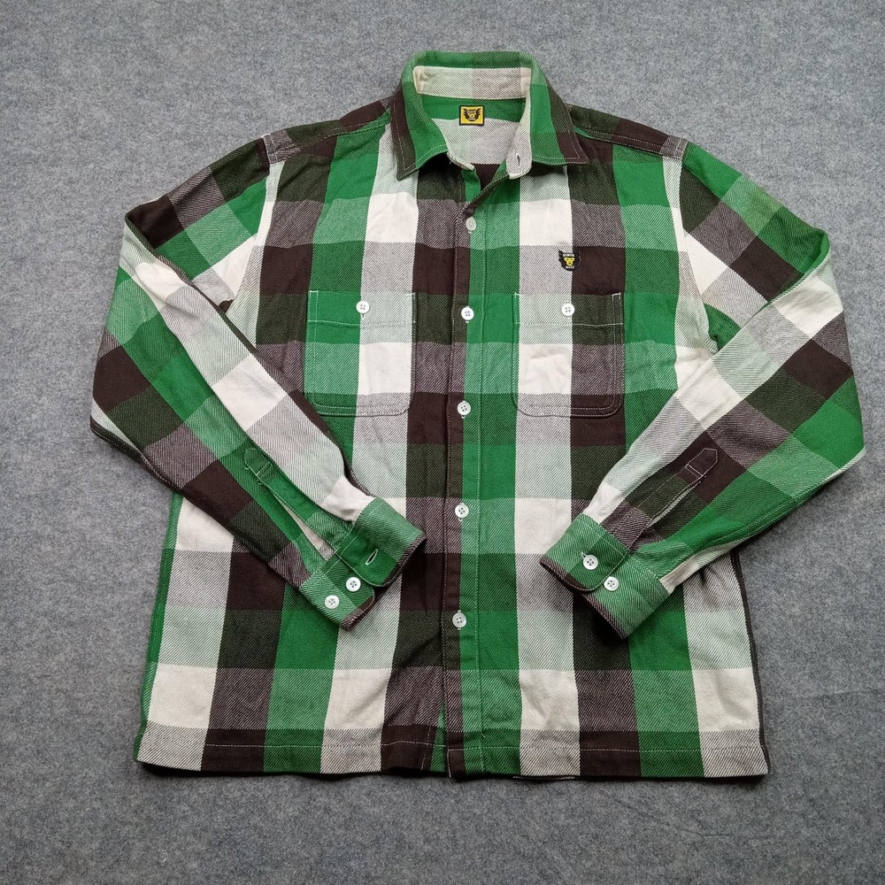 Human Made Shirt‎ Mens Large Green Brown Plaid Flannel Button Up Made in Japan*